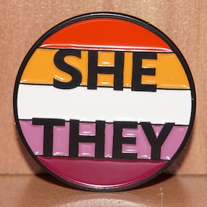 She/They Lesbian pride flag pronoun enamel pin