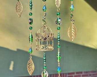 Suncatcher Sonnenfänger Perlenvorhang Fensterdeko hängend Totholz Feng Shui Vogelkäfig Blätter Anhänger bronze grün