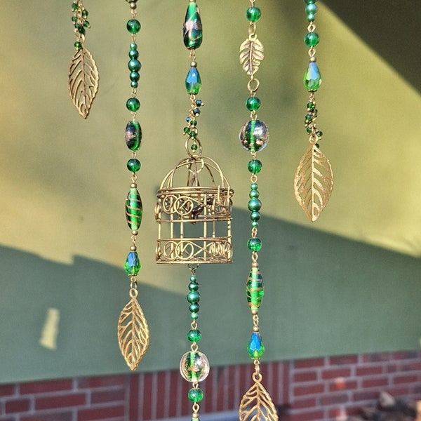 Suncatcher sun catcher bead curtain window decoration hanging dead wood Feng Shui birdcage leaves pendant bronze green