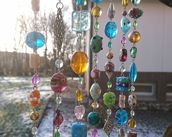 Suncatcher Perlenvorhang Fensterdeko hängend Glasperlen Birke Holz Feng Shui Mobile Lampwork Boho bunt bronze Blätter Glöckchen