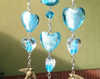 Suncatcher Perlenvorhang Fensterdeko hängend Holz Birke Herz Feng Shui Mobile Lampwork azurblau türkis bronze Herz Muttertag nachtleuchtend