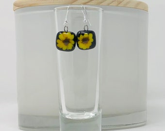 Sunflower on Black Fused Glass Earrings