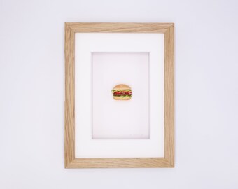 Miniature burger in real wood frame // Unique