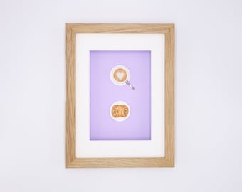 Miniature coffee with Franzbrötchen in a real wood frame // Unique