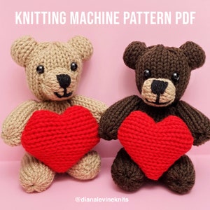 May include: Two knitted teddy bears holding red hearts. The bears are brown and beige and are holding the hearts in their paws. The bears are on a pink background. The text "KNITTING MACHINE PATTERN PDF" is at the top of the image. The text "@dianalevineknits" is at the bottom of the image.
