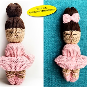 May include: Two knitted ballerina dolls. Each doll has a tan face with closed eyes, brown hair, and a pink tutu. One doll has a bun, the other has a pink bow. The dolls are wearing ballet shoes with crisscross ribbons. Text on the image reads "FULL TUTORIAL: YOUTUBE.COM/DIANALEVINEKNITS".