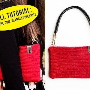 May include: A red crocheted handbag with a black leather strap and gold hardware. The bag is shown on a white background and being worn by a person. The text "FULL TUTORIAL: YOUTUBE.COM/DIANALEVINEKNITS" is visible on the image.