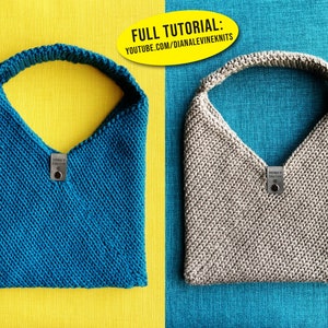 May include: Two knitted tote bags, one teal blue and one light grey, with a leather tag that says "Handmade by Diana Levine Knits".
