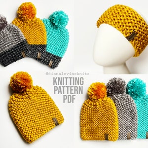 Garter Stitch Hats & Headbands, KNITTING PATTERN PDF for Bulky Yarn Winter Set