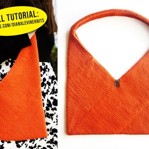 May include: A bright orange knitted tote bag with a V-shaped opening and a small metal clasp. The bag is made with a textured stitch pattern.  FULL TUTORIAL: YOUTUBE.COM/DIANALEVINEKNITS