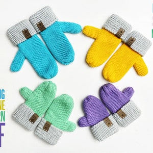 Peut inclure: Patron de tricot pour machine à tricoter pour mitaines de taille familiale. L'image montre cinq paires de mitaines de différentes couleurs : turquoise, jaune, vert, violet et gris.