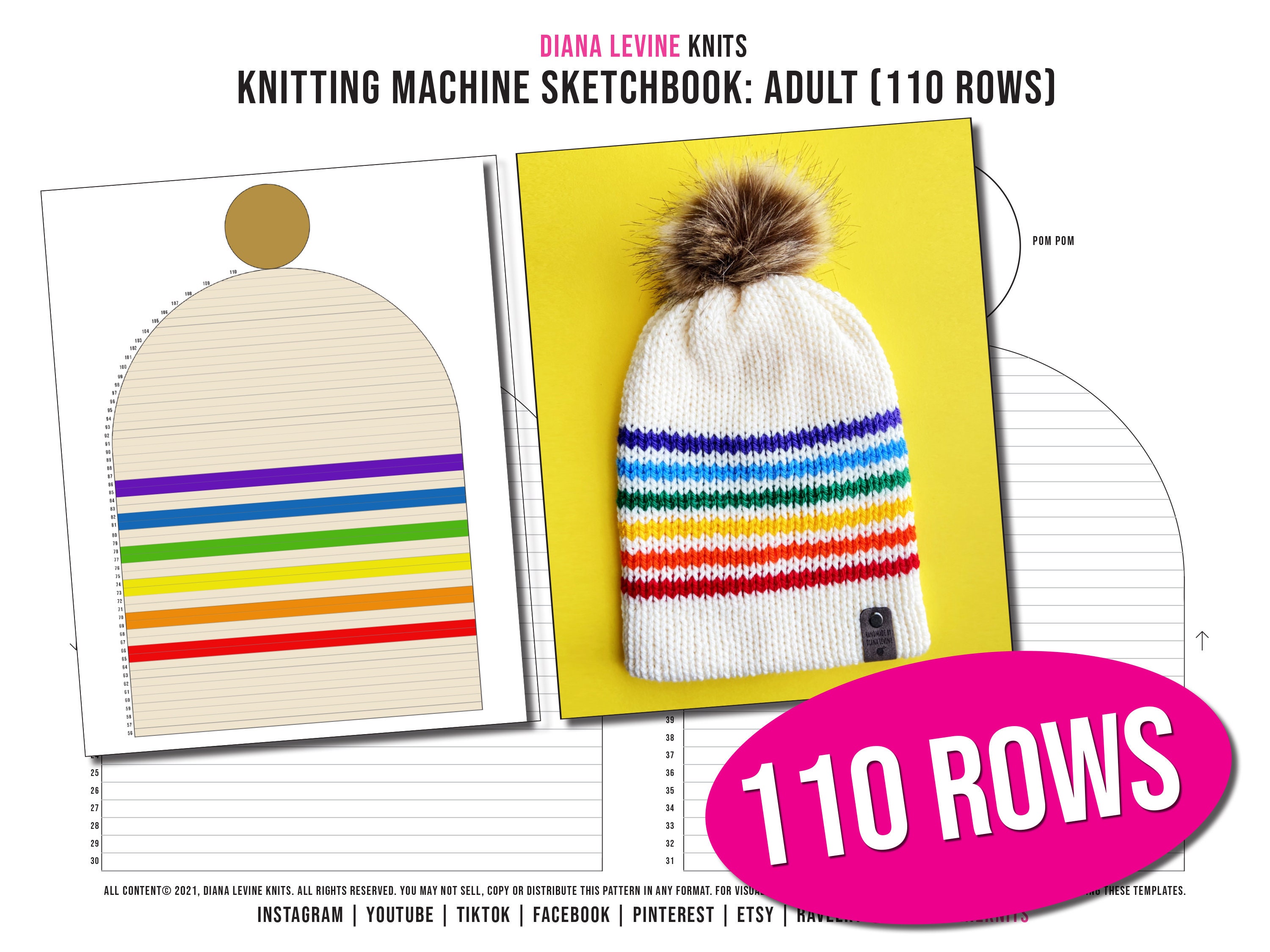 110 Rows Knitting Machine Sketchbook: ADULT HAT 48 Needle Machine