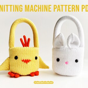 May include: Two knitted Easter baskets, one shaped like a chick and the other like a bunny. The chick basket is yellow with orange accents and black eyes. The bunny basket is white with pink accents and black eyes. Both baskets have a handle and a cute face.