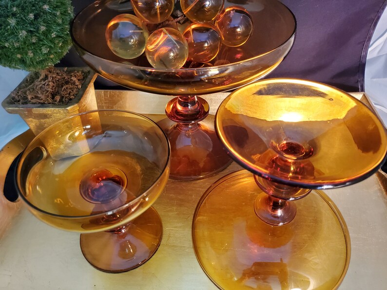 60's Hand Blown Amber Glass Wide Mouth Footed Pedestal Etsy