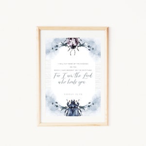 Christian wall art | Blue watercolor bugs and insects | Printable quotes from Exodus 15:26 | God is the Lord who heals us | Gifts for him