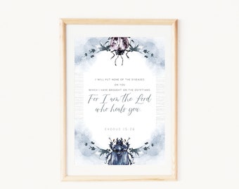Christian wall art | Blue watercolor bugs and insects | Printable quotes from Exodus 15:26 | God is the Lord who heals us | Gifts for him