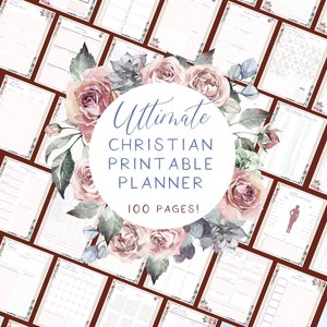 Ultimate Christian printable planner | Pink rose watercolour flowers | 100 pages of planners and templates | Bible study planner included!