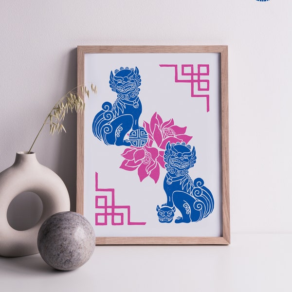 Digital Printable Poster | Foo Dogs | Fu Dogs | Lotus Flower | Yin & Yang | Chinese Wall Art | Instant Download