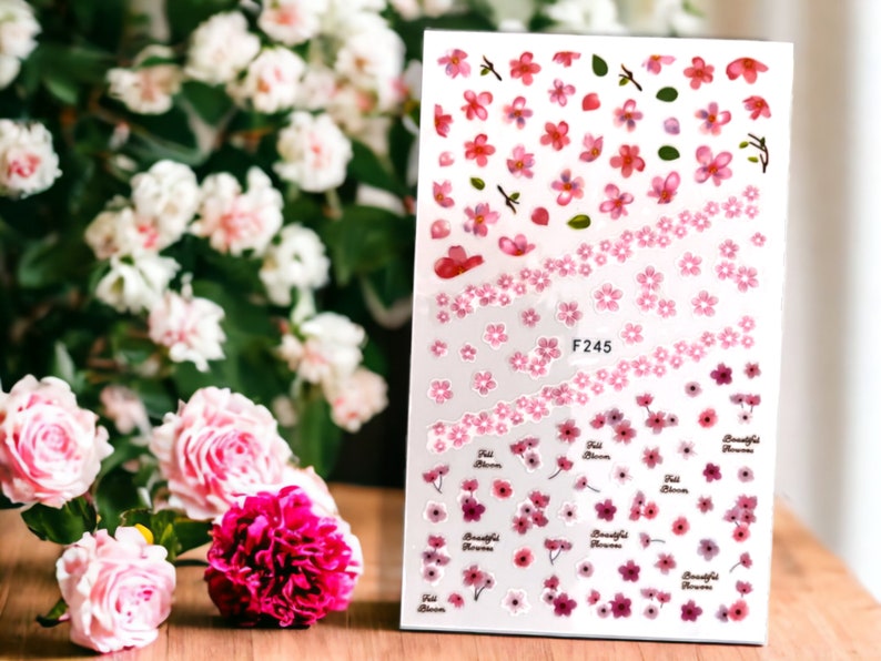 Pink Flower Nail Stickers, Cherry Blossom Nail Sticker, Pink Flower Nail Decals, Cherry Blossom ...