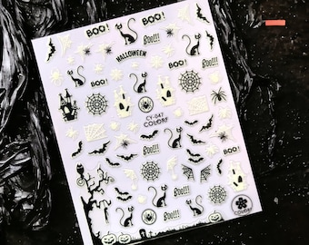 GLOW IN DARK Halloween Stickers, Spiders Sticker, Bats Nail Sticker, Cats Nail Sticker, Halloween Nail Stickers, Glowing Halloween Sticker