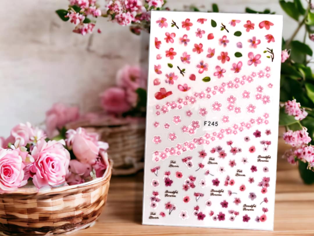 Pink Flower Nail Stickers, Cherry Blossom Nail Sticker, Pink Flower Nail Decals, Cherry Blossom ...