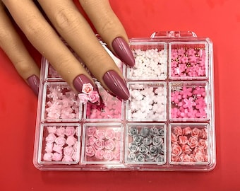 Rose Flower Charm, 12 Grid Flower Charm Box, Flower Charms, Pink Flower Charms, Mini Flower Charms, Rose Nail Charms