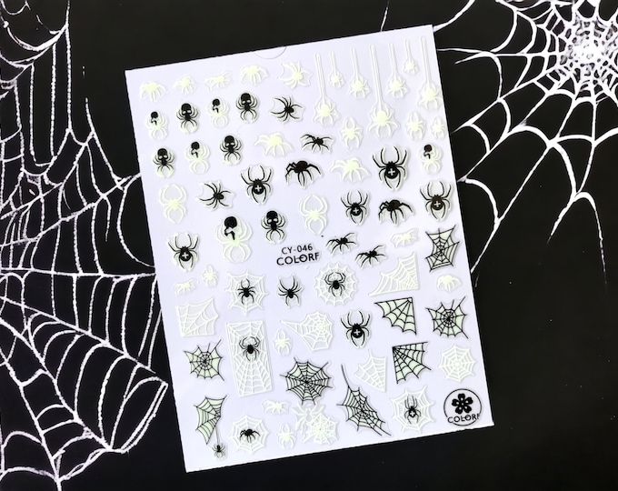 GLOW IN DARK Halloween Stickers, Spiders Sticker, Web Nail Sticker, 3D Nail Stickers, Halloween Nail Stickers, Glowing Spiders Sticker