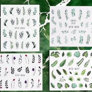 May include: Four sheets of nail art stickers with various green leaf designs. The sheets are labeled "STZ-824", "GREEN LEAF STZ-825", "STZ-826", and "STZ-827".