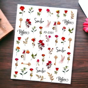Roses Nail Sticker, Red Flower Nail Stickers, Flower Nail Decals, Flower Nail Sticker, 3D Nail Sticker, Nail Sticker, Rose Sticker
