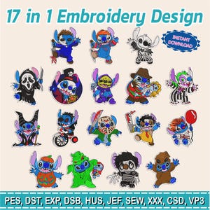 17 in 1 Embroidery Designs / stitch halloween / stitch dressed as horror / Embroidery file has been tested /