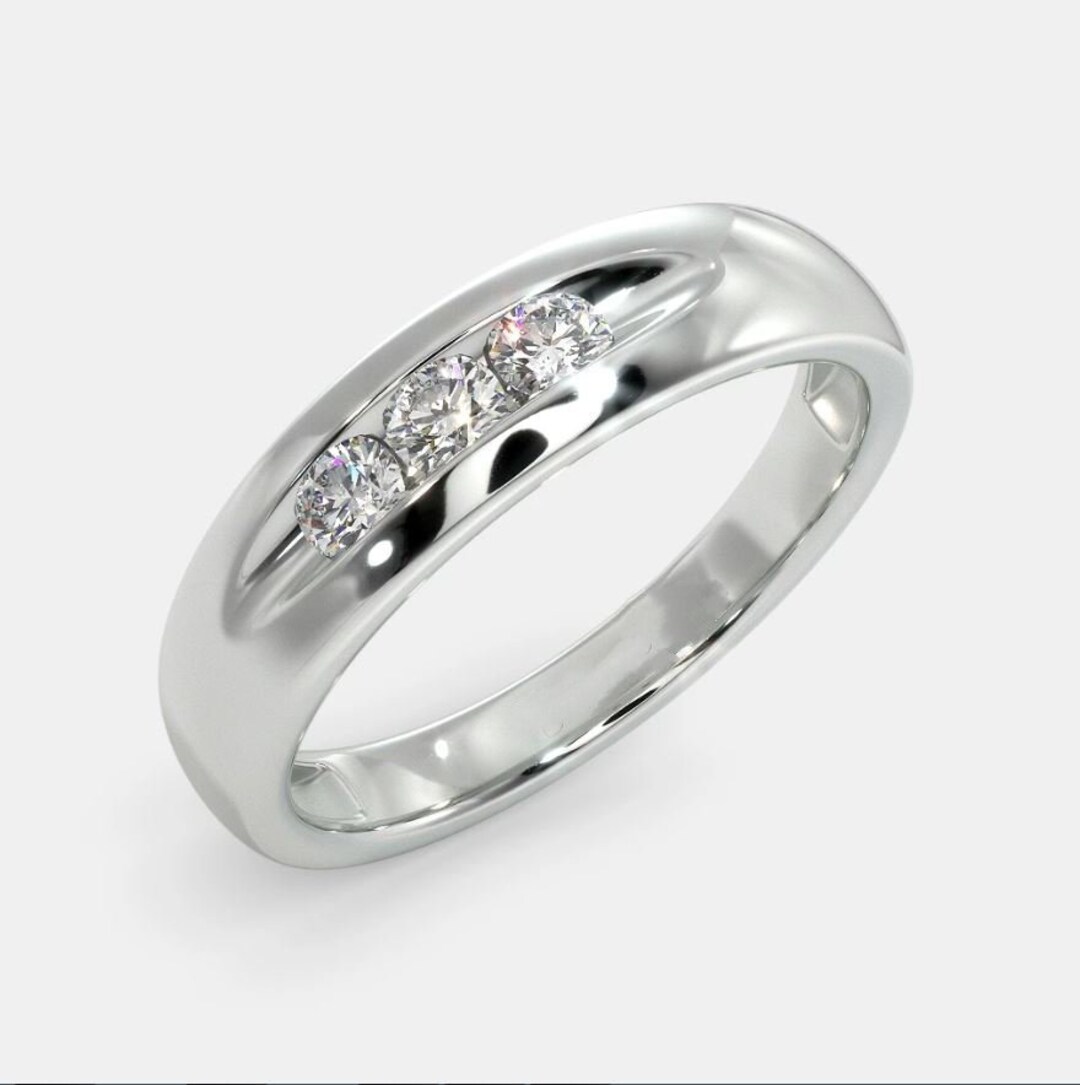 Men's Wedding Ring, 1.5 Ct Diamond, Men's Trilogy Ring, 14K White Gold