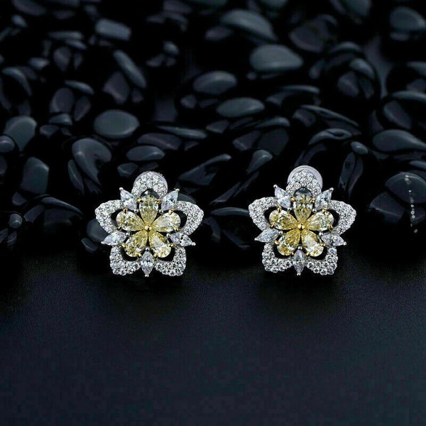 Earrings, 2 Ct Yellow Canary Diamond, Engagement Stud Earrings, Wedding Botanical Earrings, Wedding Flower Earrings, 14K White Gold Earrings