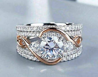 Engagement Trio Ring Set, 925 Sterling Silver, Wedding Bridal Ring Set, Mis-Matched Ring Set, 2.1 Ct Round Diamond Ring Set, As Per Image