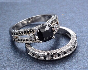 Conjunto de anillos de compromiso, oro blanco de 14 quilates, conjunto de anillos nupciales de boda, diamante negro de cojín de 1,60 quilates, regalos de boda, regalos personalizados, regalo para ella