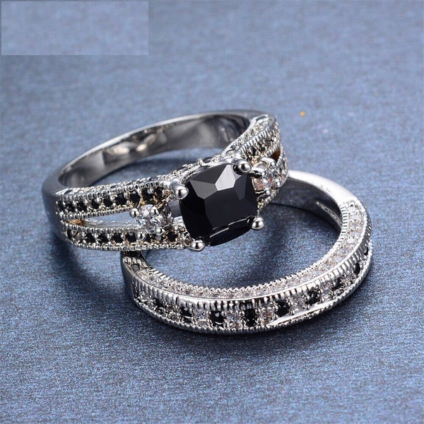 Conjunto de anillos de compromiso, oro blanco de 14 quilates, conjunto de anillos nupciales de boda, diamante negro de cojín de 1,60 quilates, regalos de boda, regalos personalizados, regalo para ella