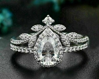 Gorgeous Wedding Bridal Ring Set, 2.24 Ct Pear Diamond, Engagement Halo Ring Set, 14K White Gold Ring Set, Bridesmaid Gift, Wedding Jewelry