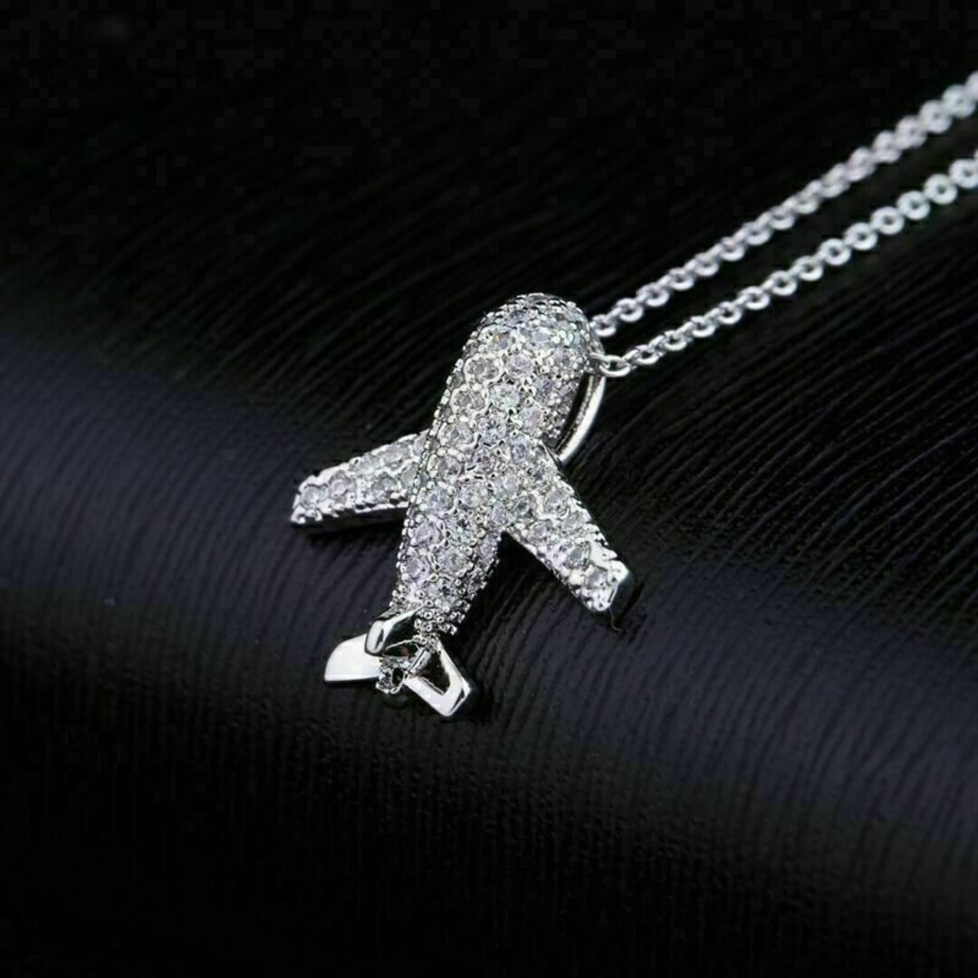 Classic Airplane Diamond Necklace, 14K White Gold, Wedding Pendant, 1.