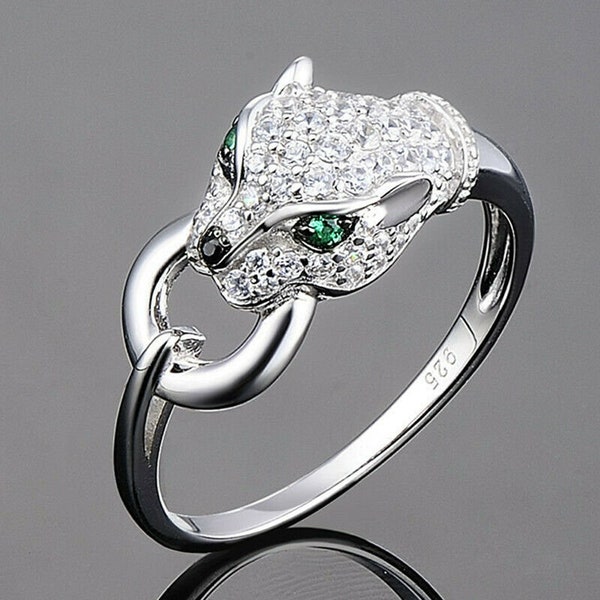 Anello pantera, diamante a taglio rotondo da 2,1 ct, anello in oro bianco 14K, anello con animali, anello con diamanti nuziali, anello personalizzato per lei, regalo per la migliore amica