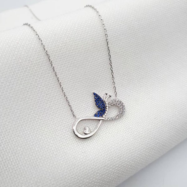 Beautiful Butterfly Necklace, 1.54 Ct Diamond & Sapphire, Engagement Cross Over Necklace, 14K White Gold, Wedding Heart Necklace, With Chain