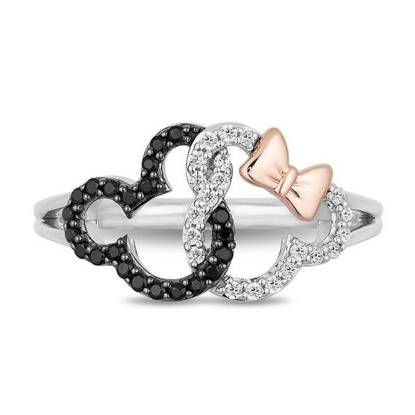 Mickey Mouse & Minnie Mouse Face Interlocking Ring, 1.50 Ct Diamond, Cute Baby Girls Two Tone Ring, 925 Sterling Silver Ring, As Per Image