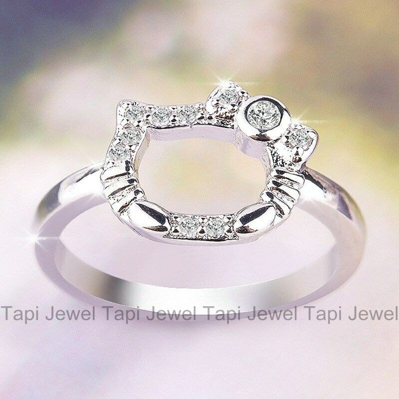 Hello Kitty 2Ct Round Cut Lab Created Diamond Ring 14k White Gold Plated  Silver