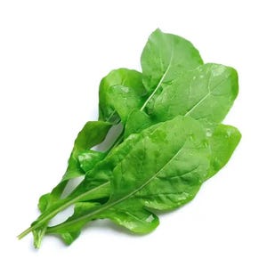 May include: A small bunch of fresh arugula leaves with a vibrant green color and smooth, lobed edges. The leaves appear slightly damp with visible water droplets on their surfaces, showcasing a natural, crisp texture and elongated stems.