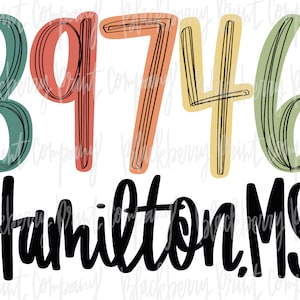 Hamilton MS Code postal Ville État PNG Sublimation lettre à la main Téléchargement numérique