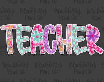 Könnte beinhalten: Ein farbenfrohes, gemustertes Wortkunstdesign, das "TEACHER" in Rosa, Lila, Blau und Grün sagt. Die Buchstaben sind mit floralen und karierten Mustern verziert.