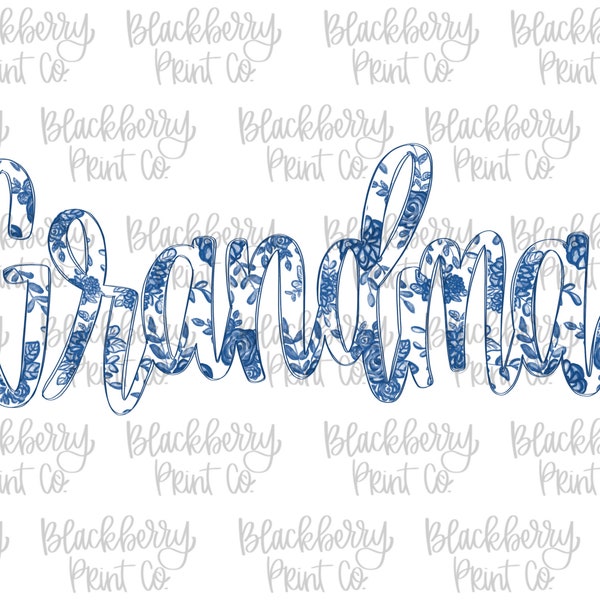 Grandma Blue Willow Filled PNG Digital Download Hand Drawn Sublimation DTF