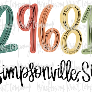 May include: A graphic design featuring the numbers 29681 in a retro style with a layered, colourful, and textured design. The text "Simpsonville, SC" is written in black below the numbers.