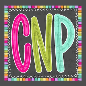 May include: A graphic design featuring the letters CNP in large, stylized, outlined fonts. The C is hot pink, the N is lime green, and the P is light turquoise. The letters are set against a dark gray background with a colorful, multi-hued border.