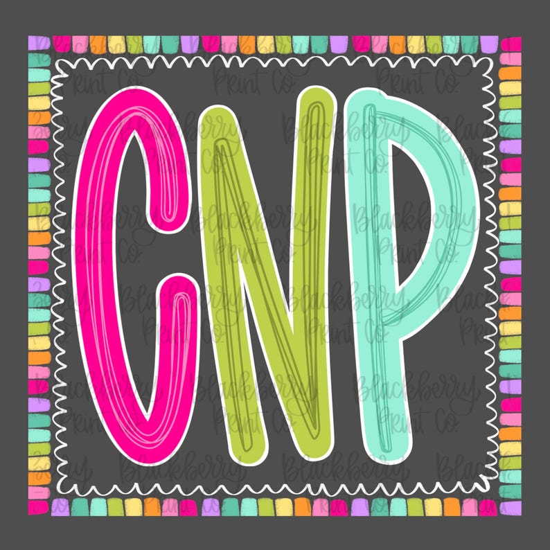 May include: A graphic design featuring the letters CNP in large, stylized, outlined fonts. The C is hot pink, the N is lime green, and the P is light turquoise. The letters are set against a dark gray background with a colorful, multi-hued border.