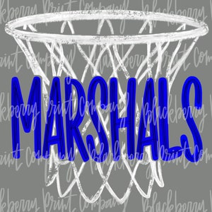 May include: A white basketball hoop with a blue word "MARSHALS" underneath. The background is gray.