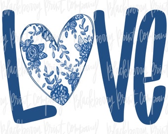 Love Blue Chinoiserie Heart PNG Digital Download Hand Drawn